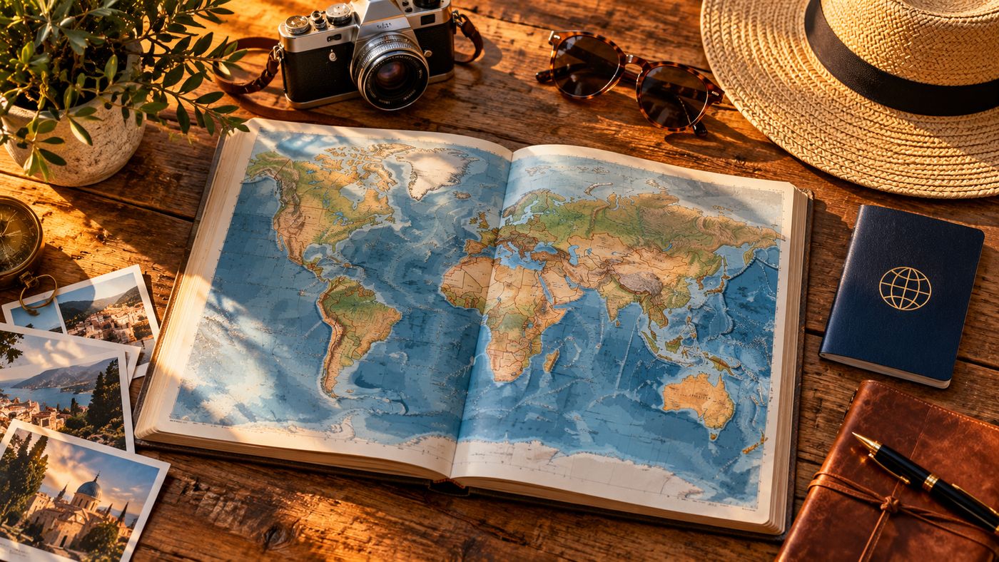 Mesa de madeira com atlas aberto, passaporte, câmera, óculos de sol e chapéu de palha